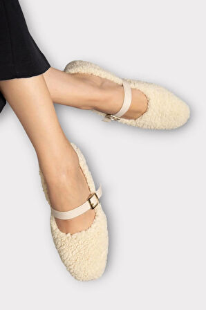 Yumuşak Peluş Ses Yapmaz Hafif Taban Kemerli Kadın Ev Babeti Panduf KREM