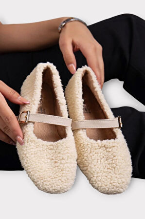 Yumuşak Peluş Ses Yapmaz Hafif Taban Kemerli Kadın Ev Babeti Panduf KREM