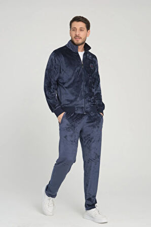 Erkek Lacivert Kadife Kumaş Fermuarlı Dik Yaka Uzun Kol Arma Detaylı Eşofman Takımı - 7617