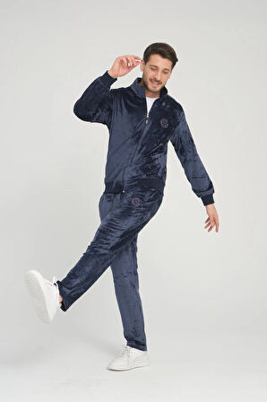 Erkek Lacivert Kadife Kumaş Fermuarlı Dik Yaka Uzun Kol Arma Detaylı Eşofman Takımı - 7617