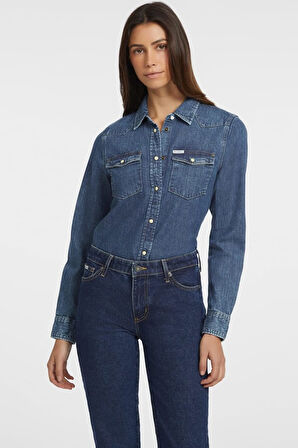 Kadın GJ Slim Uzun Kol Denim Gömlek - Lacivert | S
