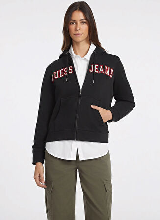 Guess Jeans Fermuarlı Yaka Desenli Siyah Kadın Sweatshırt GJ ZIP HOOD REG GUES - ORGANIC CO/P
