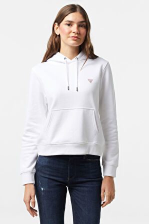 Kadın GJ Kapüşonlu Minimal Logolu Sweatshirt - Beyaz | XS
