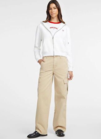 Guess Jeans Kapüşon Yaka Baskılı Beyaz Kadın Sweatshırt Guess Jeans Kadın Sweat