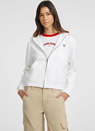 Guess Jeans Kapüşon Yaka Baskılı Beyaz Kadın Sweatshırt Guess Jeans Kadın Sweat