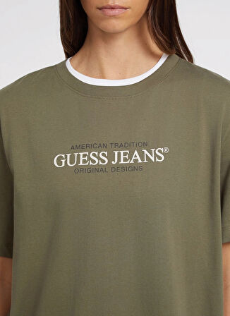 Guess Jeans Bisiklet Yaka Desenli Haki Kadın T-Shirt GJ SS CN OS AMERICAN - ORGANIC COTT