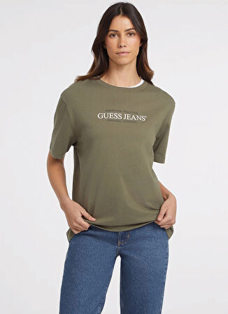 Guess Jeans Bisiklet Yaka Desenli Haki Kadın T-Shirt GJ SS CN OS AMERICAN - ORGANIC COTT