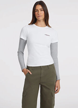 Guess Jeans Bisiklet Yaka Desenli Beyaz Kadın T-Shirt GJ SS CN SLIM MINI A - MID ORGANIC