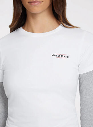 Guess Jeans Bisiklet Yaka Desenli Beyaz Kadın T-Shirt GJ SS CN SLIM MINI A - MID ORGANIC
