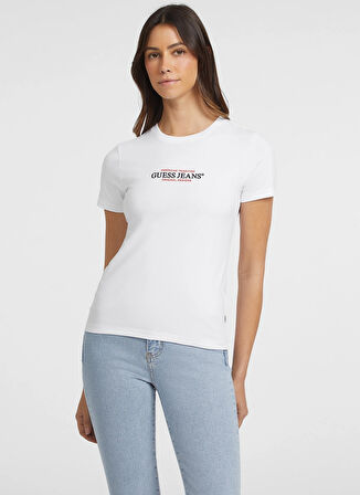 Guess Jeans Klasik Yaka Beyaz Kadın T-Shirt GJ SS CN SLIM AMERIC - MID ORGANIC