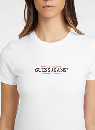 Guess Jeans Klasik Yaka Beyaz Kadın T-Shirt GJ SS CN SLIM AMERIC - MID ORGANIC