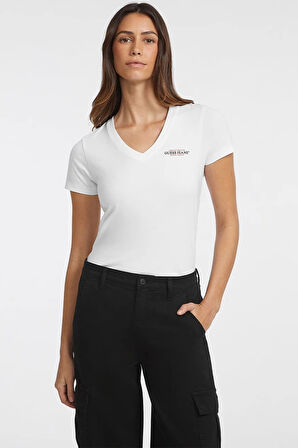 Guess Kadın  Mini  Beyaz V Yaka T-Shirt