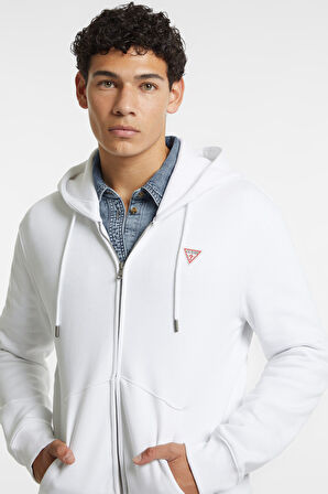 Erkek Fermuarlı Sweatshirt - Beyaz | L