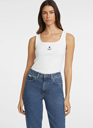 Guess Jeans Kare Yaka Baskılı Beyaz Kadın T-Shirt Guess Jeans Kadın Top
