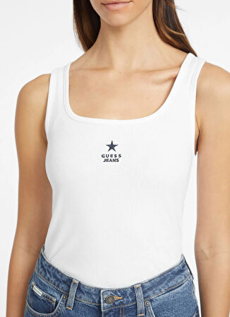 Guess Jeans Kare Yaka Baskılı Beyaz Kadın T-Shirt Guess Jeans Kadın Top