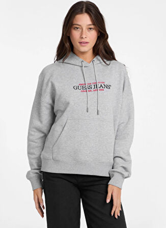 Guess Jeans Kapüşon Yaka Baskılı Gri Kadın Sweatshırt Guess Jeans Kadın Sweat