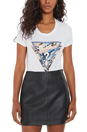 Guess Kadın  Üçgen Logolu Beyaz T-Shirt