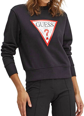 Guess Bisiklet Yaka Desenli Siyah Kadın Sweatshırt CN ORIGINAL FLEECE - ORG COTT/POLY