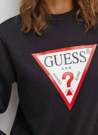 Guess Bisiklet Yaka Desenli Siyah Kadın Sweatshırt CN ORIGINAL FLEECE - ORG COTT/POLY
