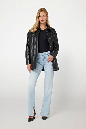 Guess Kadın Regular Fit Klasik Yaka Siyah Suni Deri Ceket