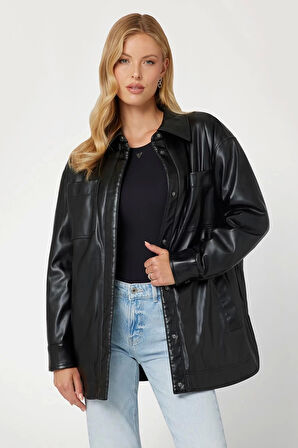 Guess Kadın Regular Fit Klasik Yaka Siyah Suni Deri Ceket