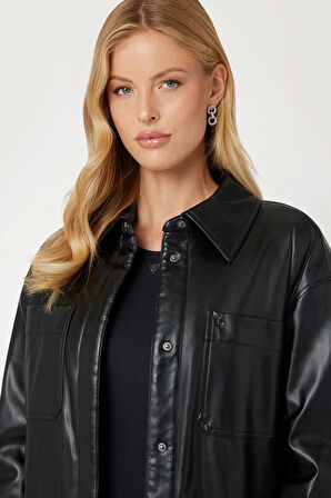 Guess Kadın Regular Fit Klasik Yaka Siyah Suni Deri Ceket