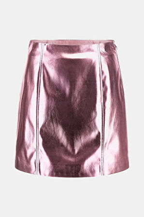 Guess Kadın Metalik Efektli Suni Deri Mini  Pembe Etek