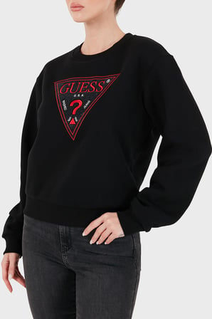 Guess Cn Triangle Flock Logolu Pamuklu Bisiklet Yaka Sweat W6BQ16K6064 Kadın SWEAT W6BQ16 K6064 JBLK SİYAH