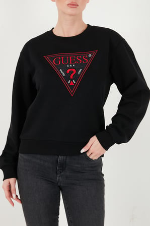 Guess Cn Triangle Flock Logolu Pamuklu Bisiklet Yaka Sweat W6BQ16K6064 Kadın SWEAT W6BQ16 K6064 JBLK SİYAH