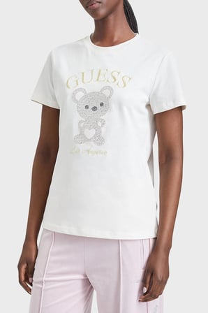 Guess Rhinestones Logolu % 100 Pamuk Bisiklet Yaka T Shirt V6BI28K9360 Kadın T SHİRT V6BI28 K9360 G012 BEYAZ