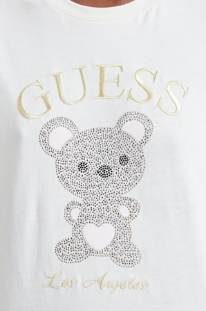 Guess Rhinestones Logolu % 100 Pamuk Bisiklet Yaka T Shirt V6BI28K9360 Kadın T SHİRT V6BI28 K9360 G012 BEYAZ