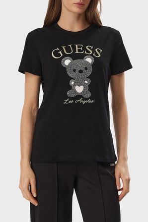 Guess Rhinestones Logolu % 100 Pamuk Bisiklet Yaka T Shirt V6BI28K9360 Kadın T SHİRT V6BI28 K9360 JBLK SİYAH