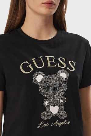 Guess Rhinestones Logolu % 100 Pamuk Bisiklet Yaka T Shirt V6BI28K9360 Kadın T SHİRT V6BI28 K9360 JBLK SİYAH