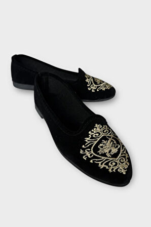 Kadın Günlük Nakış Detaylı Ev Babet SİYAH - BEYAZ