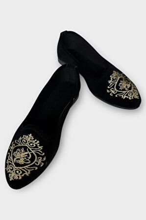 Kadın Günlük Nakış Detaylı Ev Babet SİYAH - BEYAZ