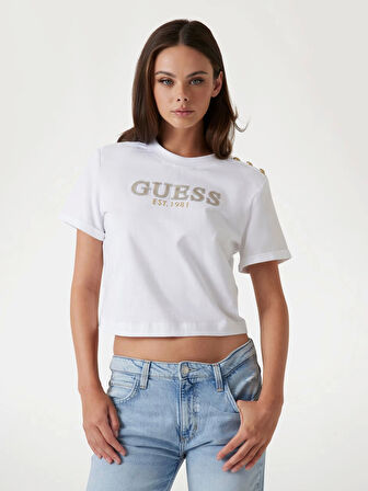 Guess Kadın Beyaz Crop Yıkanmış Logolu Tişört