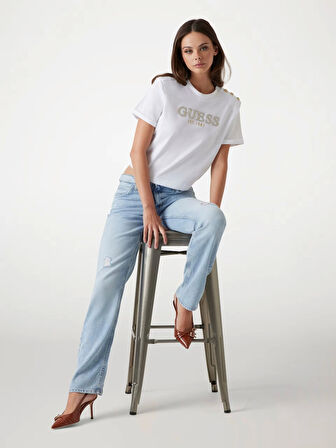 Guess Kadın Beyaz Crop Yıkanmış Logolu Tişört