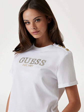 Guess Kadın Beyaz Crop Yıkanmış Logolu Tişört
