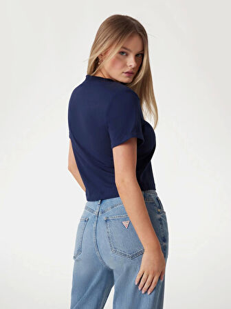 Guess Kadın Pembe Crop Yıkanmış Logolu Tişört