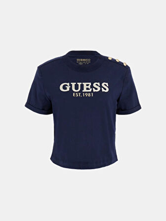 Guess Kadın Pembe Crop Yıkanmış Logolu Tişört