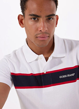 Guess Jeans Desenli Beyaz Erkek Polo T-Shirt M5GP29KCJV1F0E1 GJ SS STRIPED EMBR