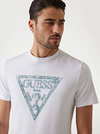 Guess Erkek Beyaz Triangle Logolu Tişört