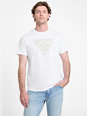 Guess Erkek Beyaz Çiçek Nakışlı Tişört