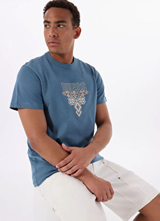 Guess Bisiklet Yaka Desenli Mavi Erkek T-Shirt M5GI11K8FQ4A73H SS CN GUESS TRIANG