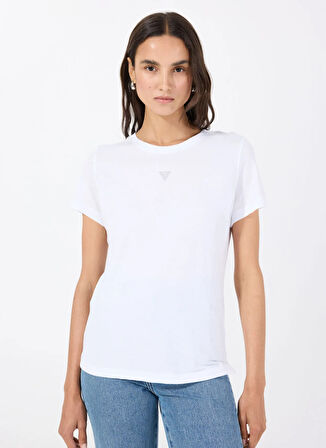 Guess Yuvarlak Yaka Baskılı Beyaz Kadın T-Shirt CN SS BACK PRINT TEE - ECO HEAVY AR