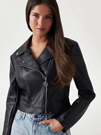 Guess Kadın Siyah Suni deri biker ceket