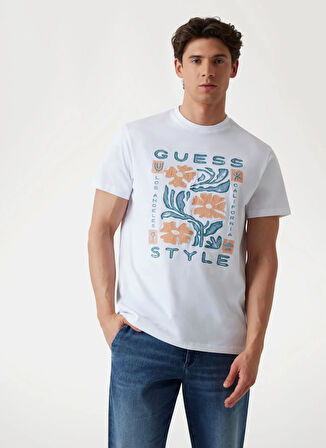 Guess Bisiklet Yaka Desenli Beyaz Erkek T-Shirt M5GI05I3Z14G011 SS CN GUESS STYLE