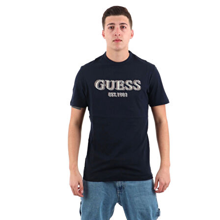Guess Erkek Lacivert Guess Logolu Tişört