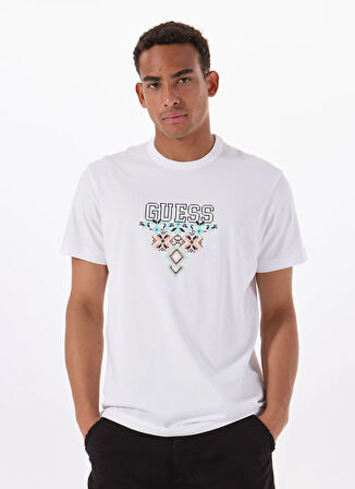 Guess Bisiklet Yaka Desenli Beyaz Erkek T-Shirt M5GI11K8FQ4G011 SS CN GUESS TRIANG