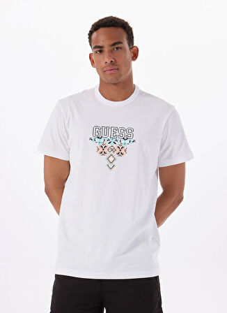 Guess Bisiklet Yaka Desenli Beyaz Erkek T-Shirt M5GI11K8FQ4G011 SS CN GUESS TRIANG